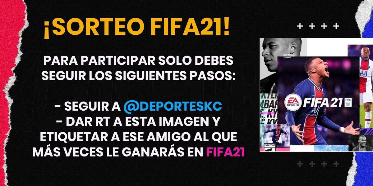 SORTEO #FIFA21 ! 🎁

Para participar:
1. Dar RT a este tuit
2. Seguir a @DeportesKC y a @EASPORTSFutbol 
3. Etiquetar al amigo al que le ganarás más veces (y comenta en que consola jugarán)
 
El ganador será anunciado el 11 de octubre.
Celebra el #FIFAFriday con KC Deportes 🥳