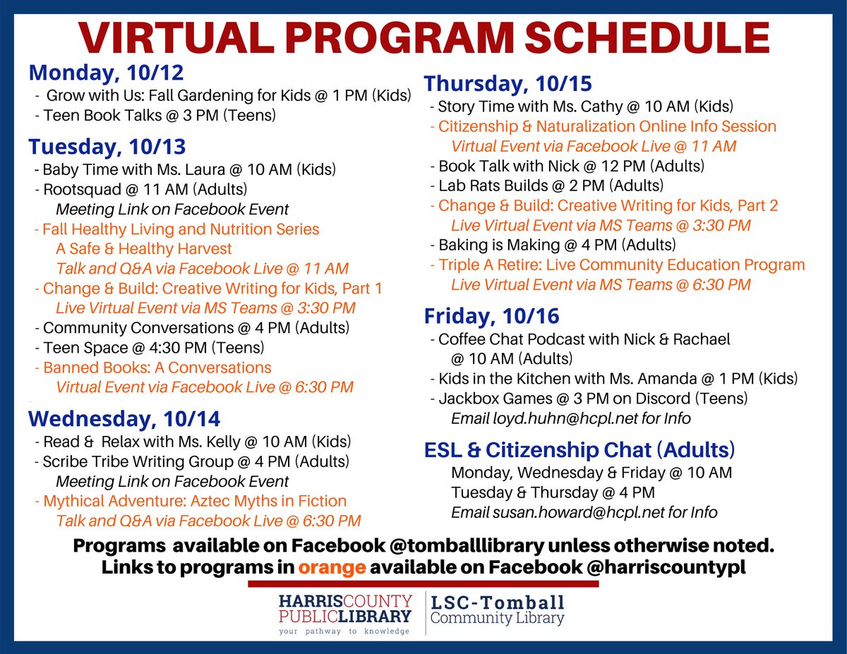 tomballlibrary's tweet image. Don't miss the exciting virtual programs we'll be offering next week (October 12-16)! There are programs for all ages, so save the schedule below and mark your calendars!