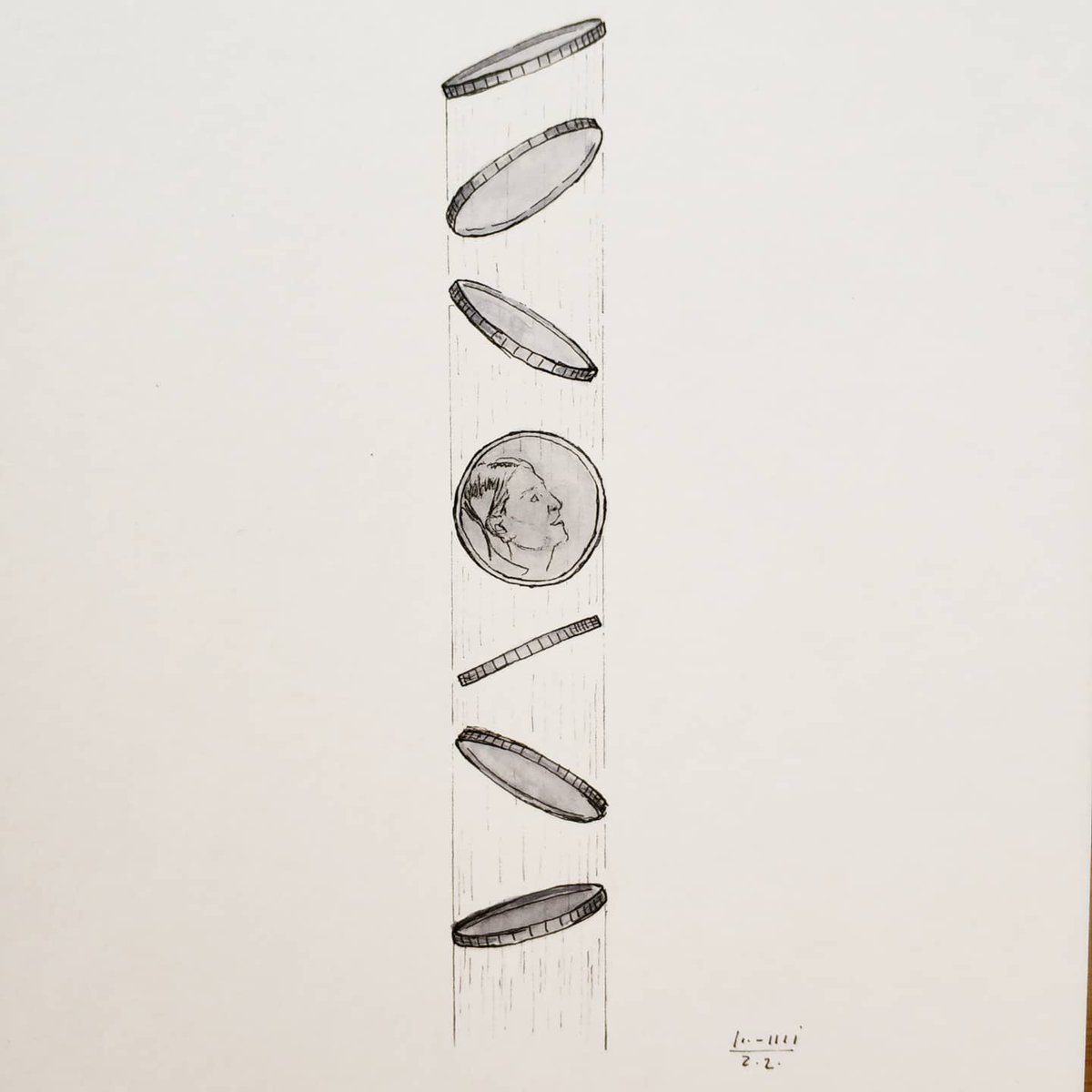 NMimoli's tweet photo. Día 9. Throw/Lanzar
Lanzar una moneda al aire. Feliz puente! 
#inktober2020throw #lanzar #inktoberday9 #inktober https://t.co/z1d2JMCAcG