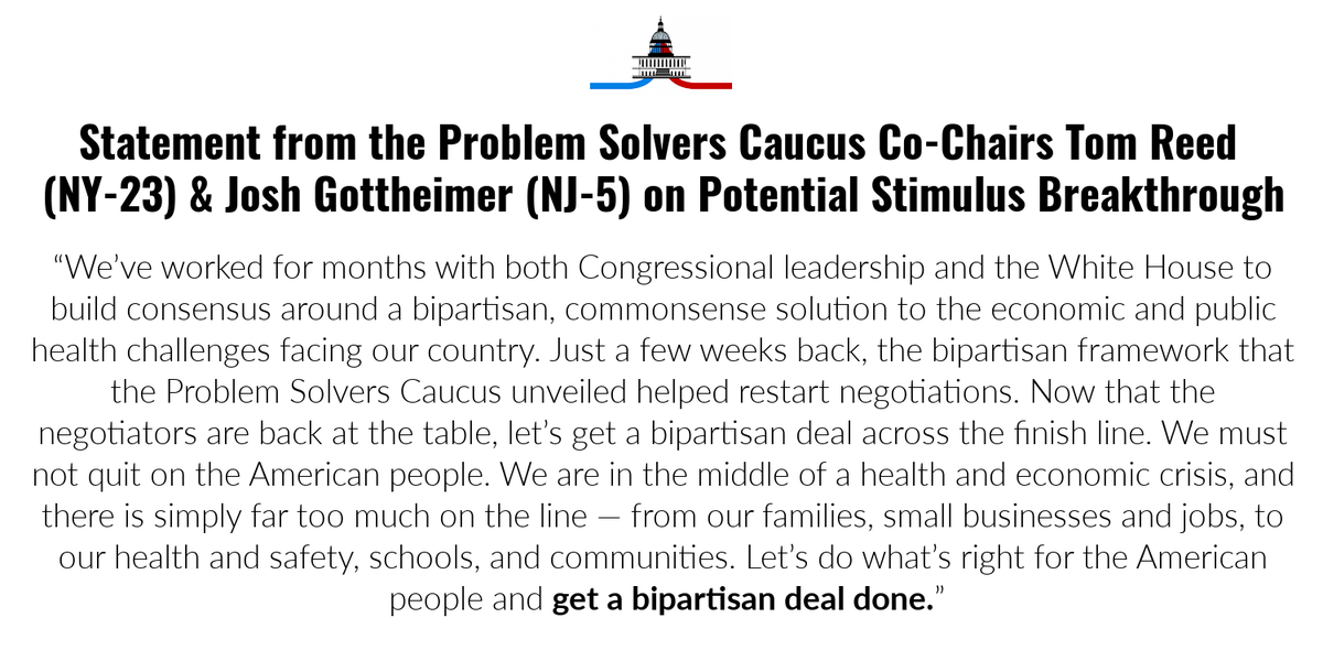 ProbSolveCaucus's tweet photo. Statement from the Problem Solvers Caucus Co-Chairs Tom Reed (NY-23) & Josh Gottheimer (NJ-5) on Potential Stimulus Breakthrough https://t.co/3sBjlUaMRL