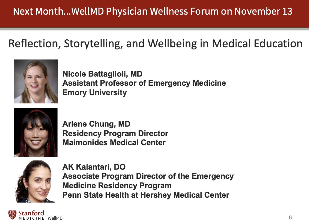 That's a wrap for this month's @StanfordWellMD Physician Wellness Forum journal club! Next month, we look forward to hearing from Dr. @akkalantari, Dr. @batt_doc, & Dr. @ArleneSujin to speak about Reflection, Storytelling, & #Wellbeing in #MedEd. #heforshe #wellnessunicorn