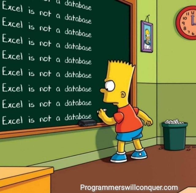dataartisan1's tweet image. Always remember: excel is not a database!

#DataScience #100DaysOfCode #100DaysOfMLCode #AI #MachineLearning #RStats