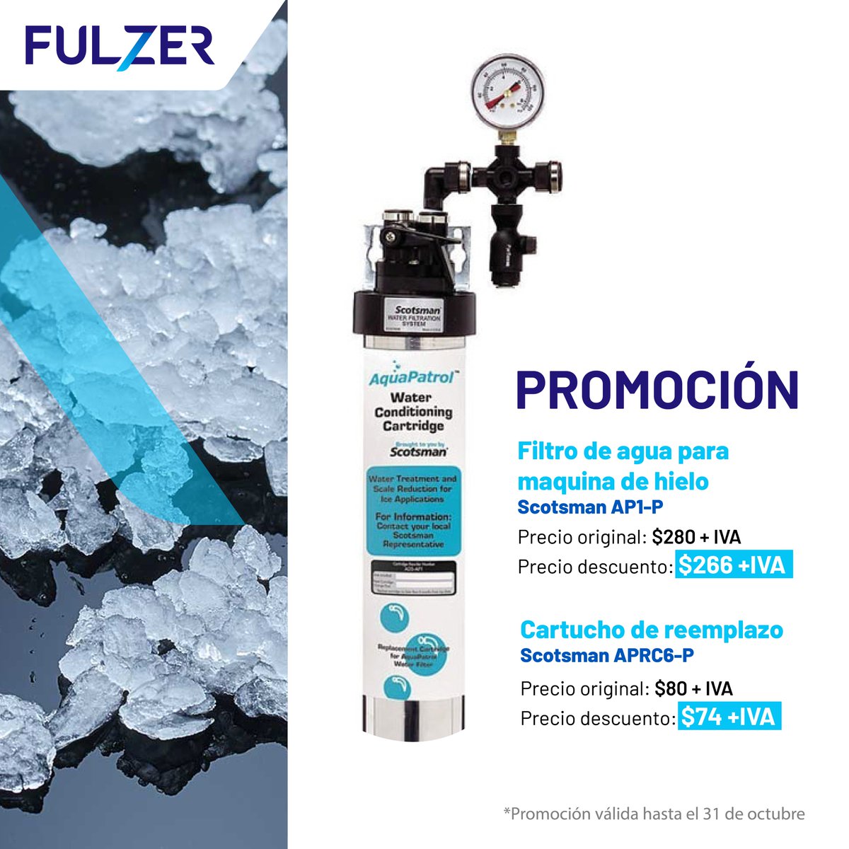 ¡Somos Fulzer! 💙 ¡Seguimos celebrando nuestro cambio de marca con aún más descuentos! Aproveche los precios especiales en filtros de agua y cartuchos de repuesto de Scotsman. Continúe aprovechando de un agua más pura en sus equipos.

#SomosFulzer #CalidadFulzer #PromoFulzer