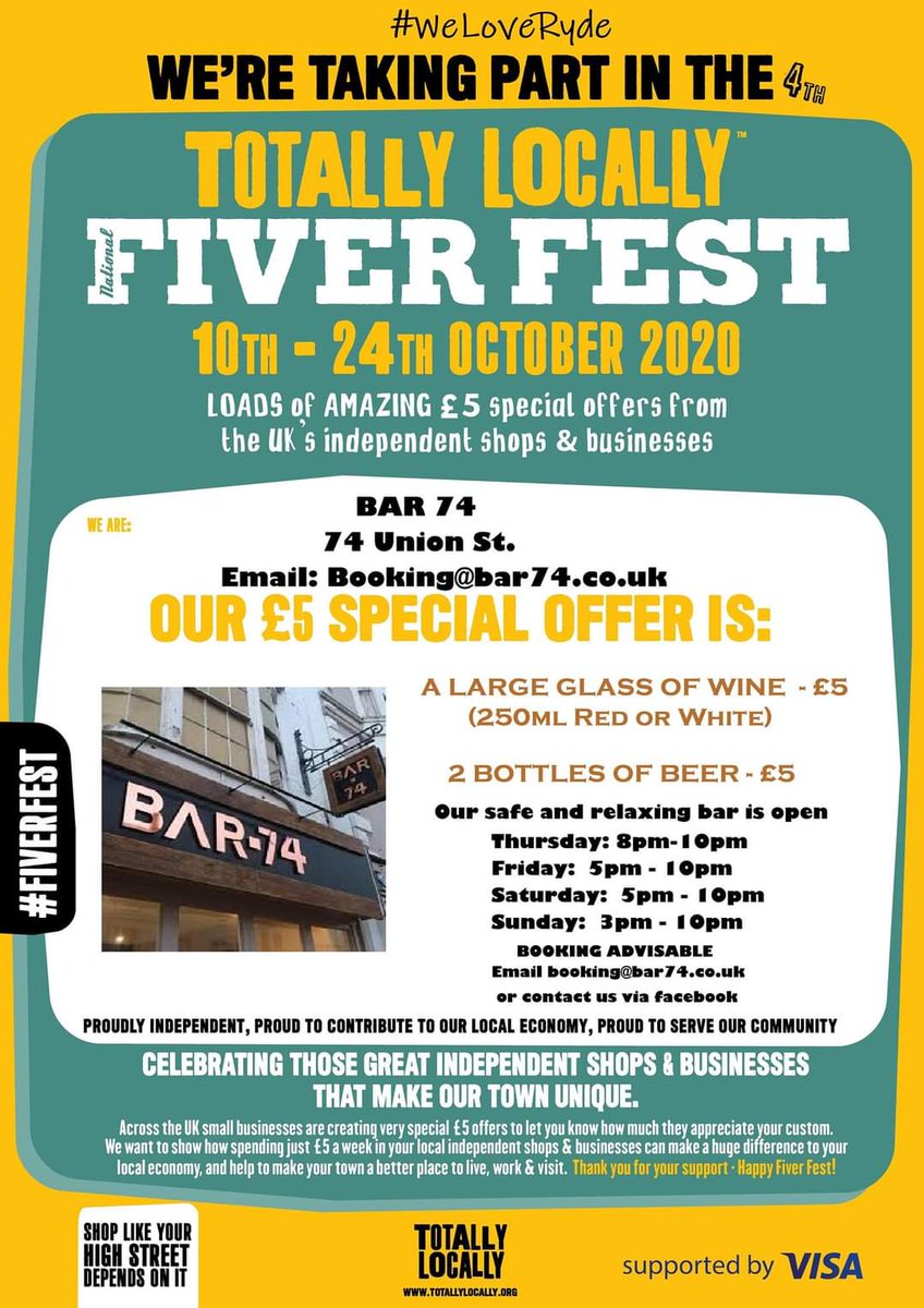 Ryde #FiverFest deals incoming.
Where will you spend a fiver? 22/30
BAR 74 - Union St
#WeLoveRyde
#TotallyLocally
#Ryde
#Bar
#beer
#wine
#Isleofwight 
#Supportyourhighstreet 
<a href="/RydeTownCouncil/">Ryde Town Council</a>