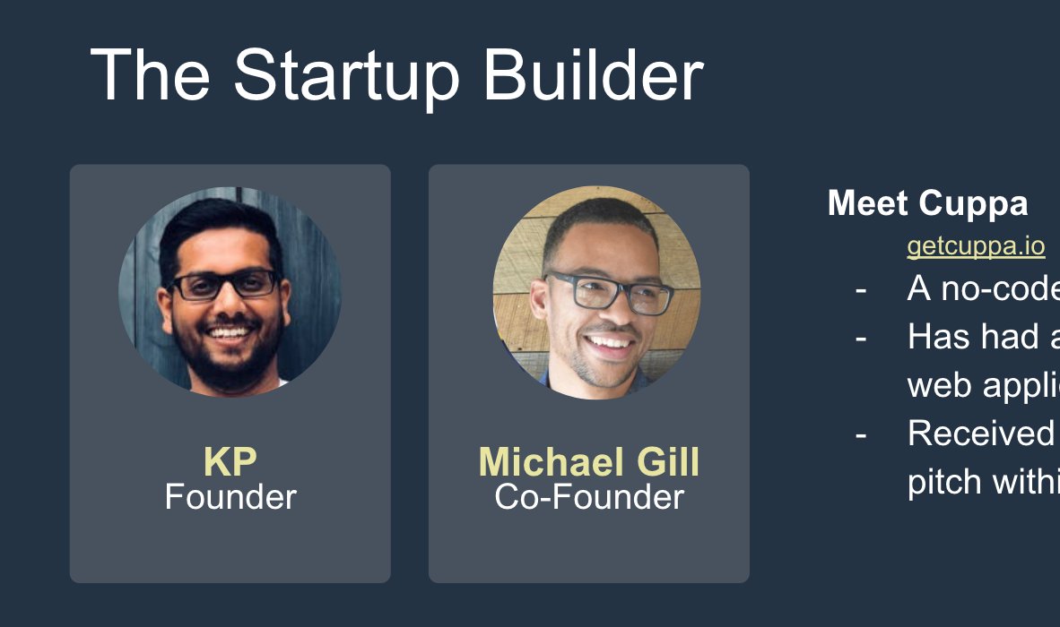 But what can you do with #nocode? I talked about <a href="/thisiskp_/">KP</a> and <a href="/gill_works/">Michael Gill</a> and the story of <a href="/getcuppaio/">Cuppa</a> .

I believe startups like this are the canary in the mine for great things to come leveraging #nocode. Speed in building, gaining traction, getting VC interest.