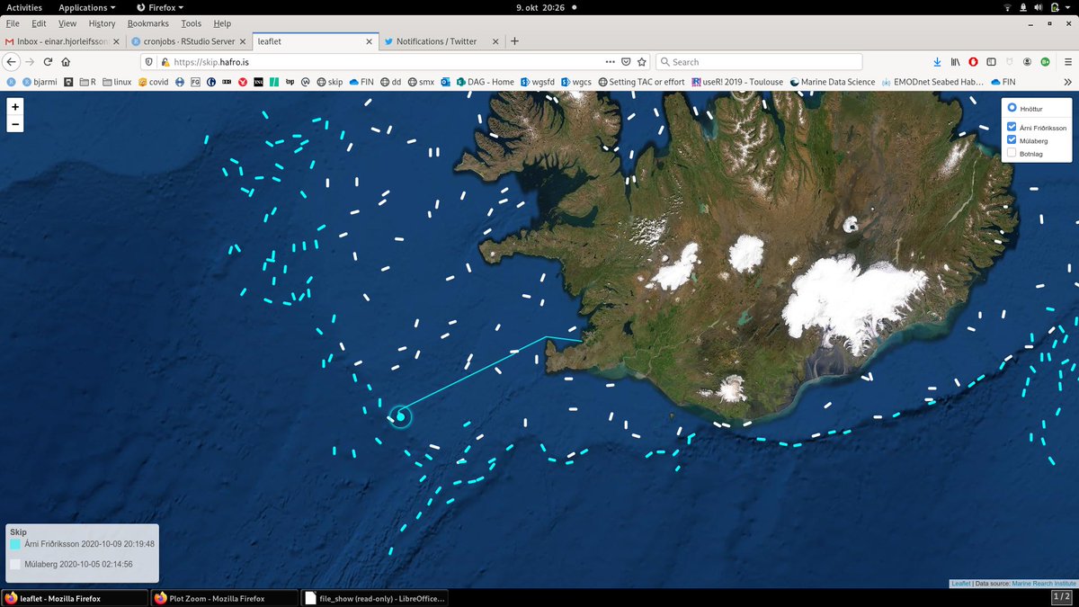 The 2020 Icelandic fall bottom trawl survey started today. As usual trawl tracks and live vessels position on: skip.hafro.is
data collected will be input to numerous @ICES_ASC assessments next year.
map created solely within the wonderful world of #rstats