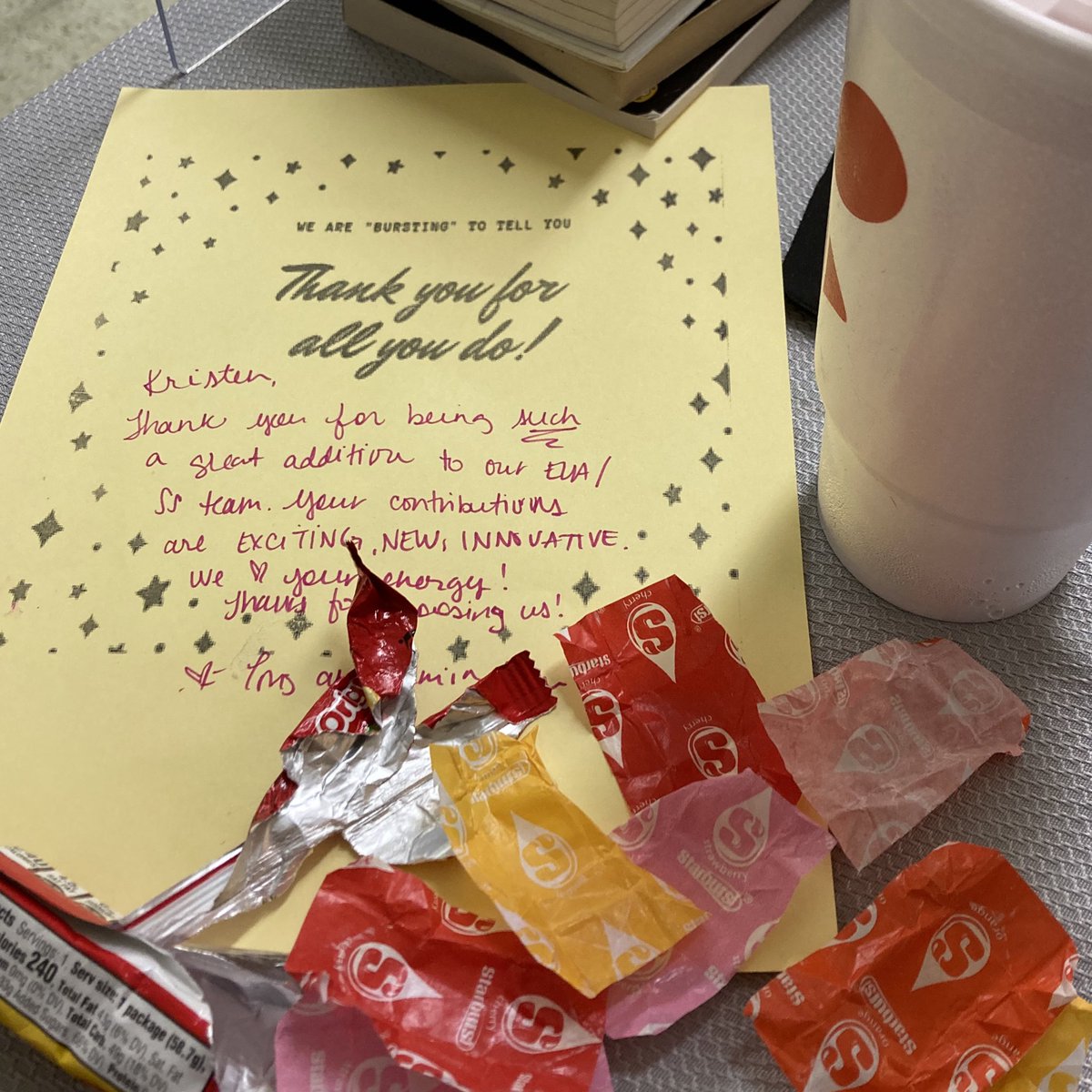 MsMillerReads's tweet photo. This is how teachers make it through a Friday now. 🍬🥤Thanks @TheToriTong  @ceciliagalvan08 and @mrbairdsworld for the ✨burst of energy and kindness😊 (I needed this!) to power through the afternoon! #Proud2bLJH #WeArePatriotStrong #ljhpatriots https://t.co/Vf3FoTJM1W