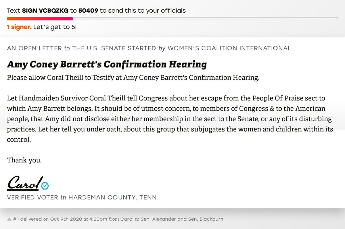 @CoralTheill I started a Resistbot Letter to the Senate asking that you be allowed to testify at Amy Coney Barrett's Confirmation Hearing.

📲 Text SIGN VCBQZKG to 50409 or send SIGN VCBQZKG as a direct message to @resistbot on Messenger, Twitter, or Telegram!
