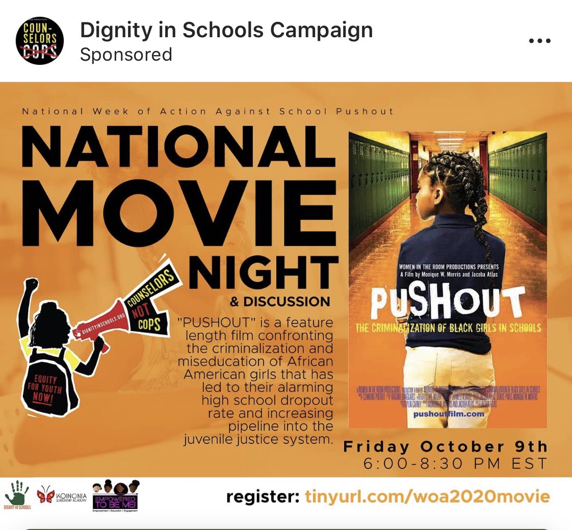 ItsShidaB's tweet photo. Join us tonight‼️
Friday October 9th 
Movie Night at 6pm.

Screening the Film “Push Out”  and community discussion.  

#DSCWoA2020 
#CounselorsNotCops 
#EquityForYouthNow https://t.co/5L02OykBMR