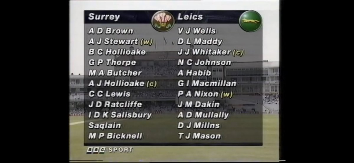 1997 Benson & Hedges Cup semi final. Surrey team with 10 internationals and Jason Radcliffe. Leicestershire have Aftab Habib and Alan Mullally. Close one I reckon. Was at this game I think, can’t remember the result. 