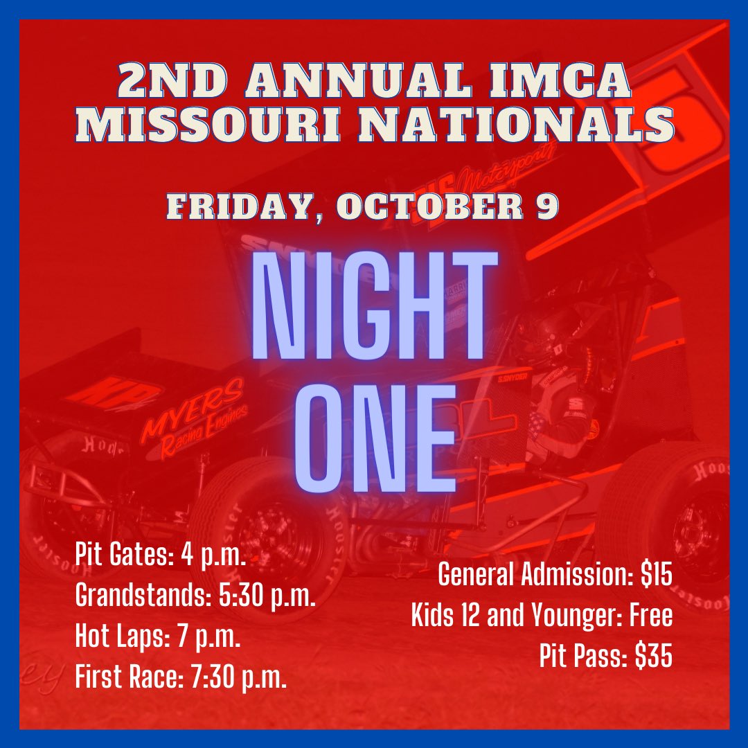 The first night of the 2nd Annual IMCA Missouri Nationals is tonight. IMCA Modifieds, Sprint Cars, Stock Cars and Sport Mods are all racing tonight.