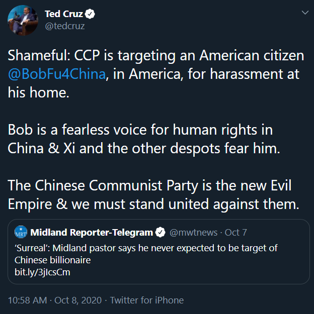 Tweets here from  @tedcruz and  @marcorubio press release document their support for  @BobFu4China.  https://twitter.com/tedcruz/status/1314218534478766081?s=20