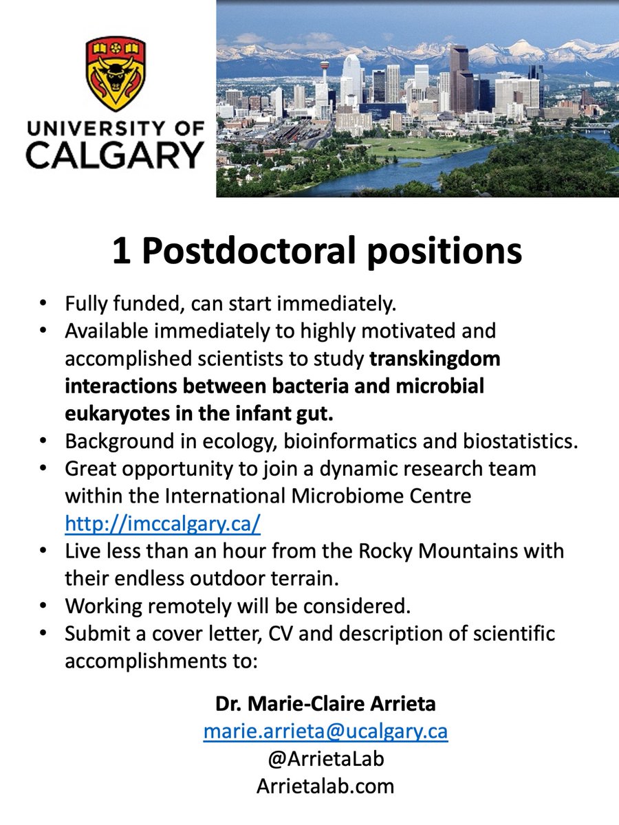 We're looking for a postdoctoral microbial ecologist to study dynamics between microbial eukaryotes and bacteria in the human infant #microbiome. Come join a multidisciplinary team of scientists in Calgary. Fully funded and can start remotely.