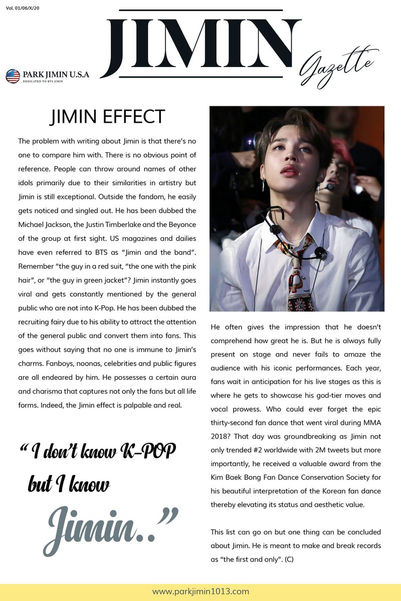 Jimin Gazette is a fortnightly newsletter that aims to bring to you all things Jimin.Welcome to our first issue! We are very excited to launch this newsletter as our goal is to inform and inspire everyone as we showcase Jimin’s life and artistry.