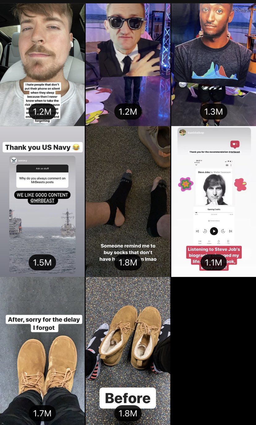 MrBeast on X: Instagram stories with my feet, 1.8 million views