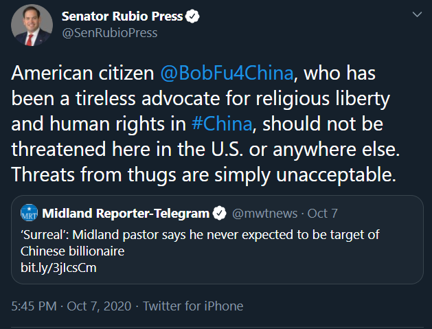 Tweets here from  @tedcruz and  @marcorubio press release document their support for  @BobFu4China.  https://twitter.com/tedcruz/status/1314218534478766081?s=20