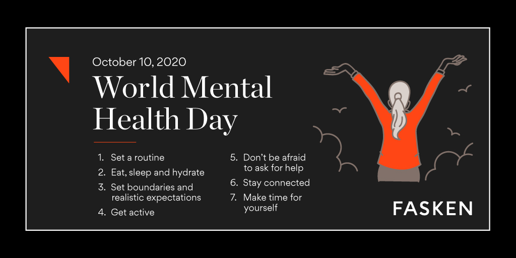 FaskenLaw's tweet photo. This World Mental Health Day and every day, let’s take care of ourselves and each other. Share your mental health and self-care tips in the comments below. #WorldMentalHealthDay #MentalHealth #Wellbeing #MentalHealthAwareness https://t.co/hzPJ28x8wn