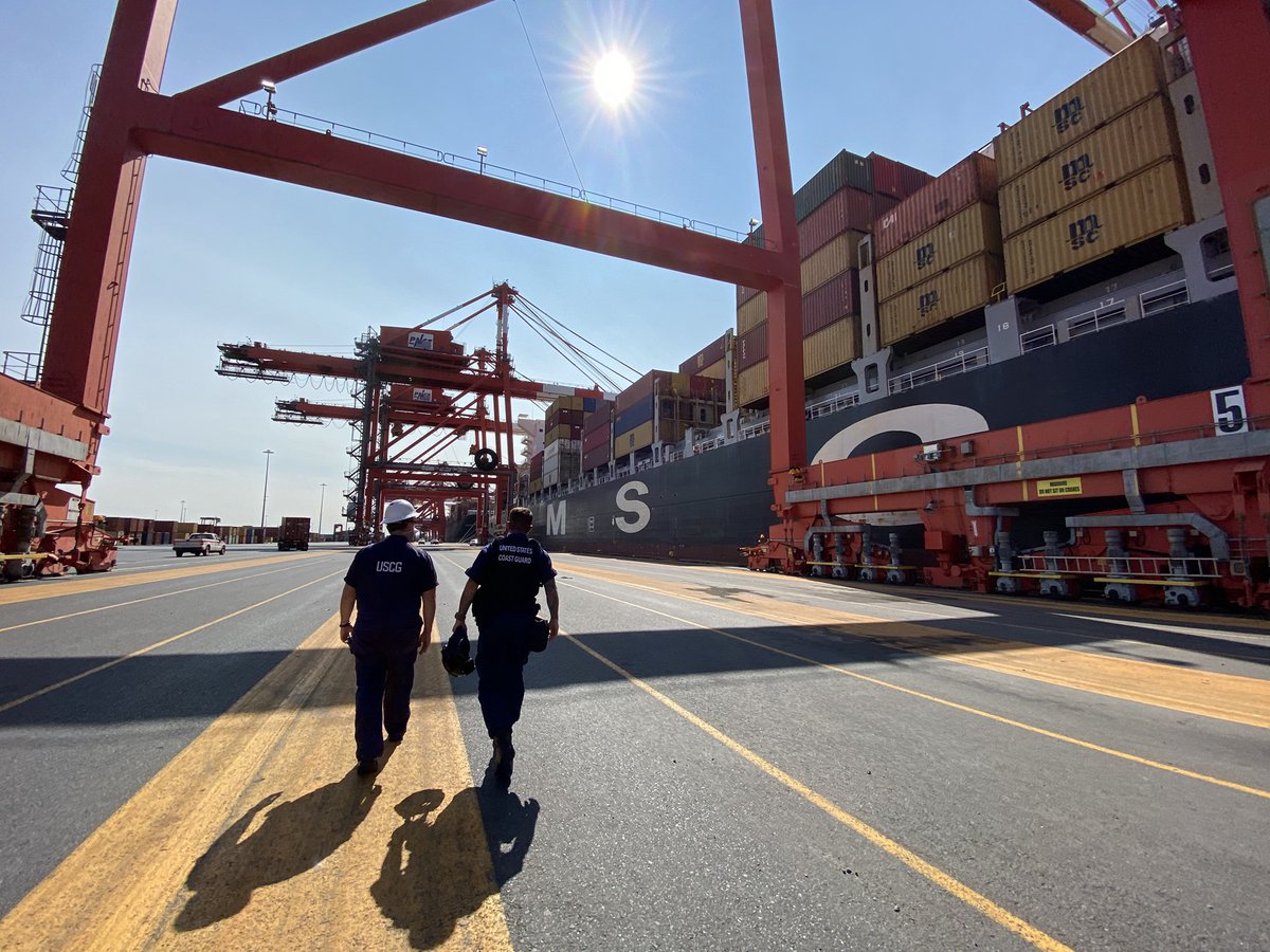 USCG's tweet photo. @USCG_Tri_State crews recently teamed up with @CBP agents to inspect container ships as they docked at @PNCT241 in New Jersey. These types of inspections regularly occur in ports nationwide to protect America's #MaritimeCommerce and the #MaritimeTransportationSystem. https://t.co/XkIABiuAkX