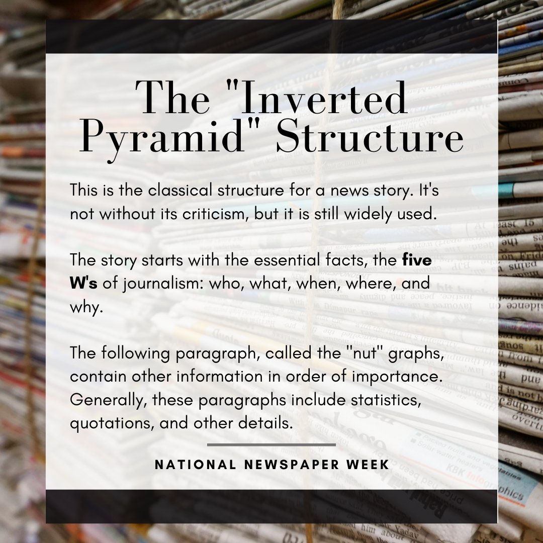 You've probably heard of the 5 W's but do you know about the ways that journalists implement them into their writing structure? #NationalNewspaperWeek https://t.co/xqYYMNKyuW