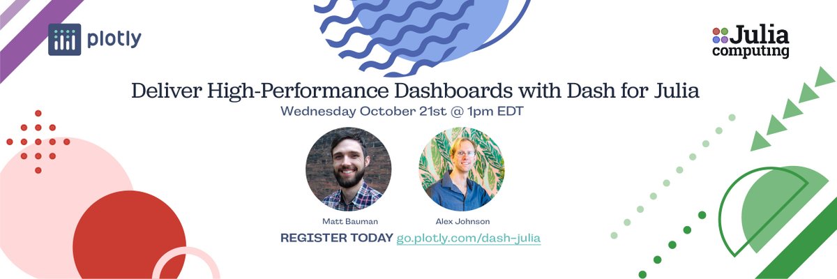 plotlygraphs's tweet photo. Did you know that Dash is now available in @JuliaLanguage? Julia offers clear and expressive syntax with incredible performance and scalability 🛠.  Reserve your spot for our special joint webinar on Wednesday, October 21st @ 1pm EDT! ➡️ https://t.co/8sGSzQ3hXi https://t.co/zNkbxw55pS