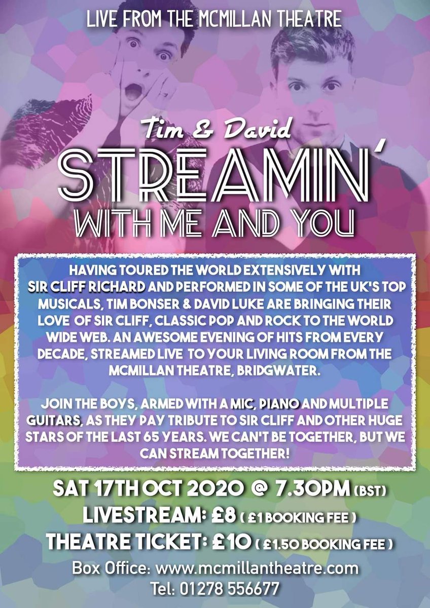 timbonza's tweet image. David  and I are playing at The McMillan on Sat the 17th October We will be live streaming. Log on &amp;amp; watch us play a variety of hits from across the decades!
Livestream tickets:
mcmillantheatre.native.fm/?event=62298
#cliffrichard #streamin #livemusic
