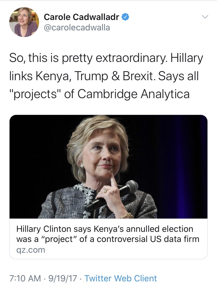 This story starts, as so many Russian Collusion hoaxes do, with  @HillaryClinton. As part of her efforts to pin her electoral defeat on anyone else, she suggested Cambridge Analytica might be the culprit.