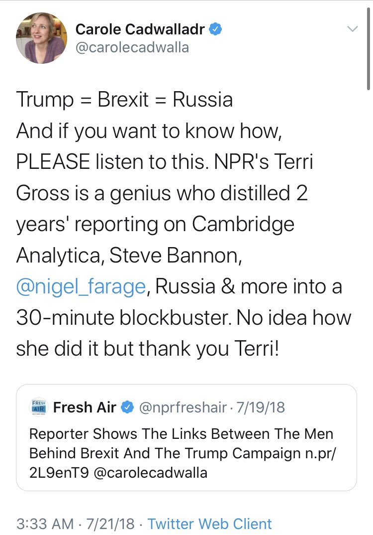 Their key reporter on the beat was  @carolecadwalla, who consistently told us that Trump, Putin, and Brexit were all linked by Cambridge Analytica, and insisted she was not a “crackpot conspiracy theorist.”Well.