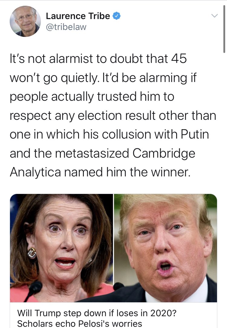 It’s hard to overstate how deep some of the blue checks went with this conspiracy theory. Here’s  @tribelaw suggesting that  @realDonaldTrump was only elected because of Cambridge Analytica and Russia, and that Trump paid Cambridge to get to Putin. Insane.