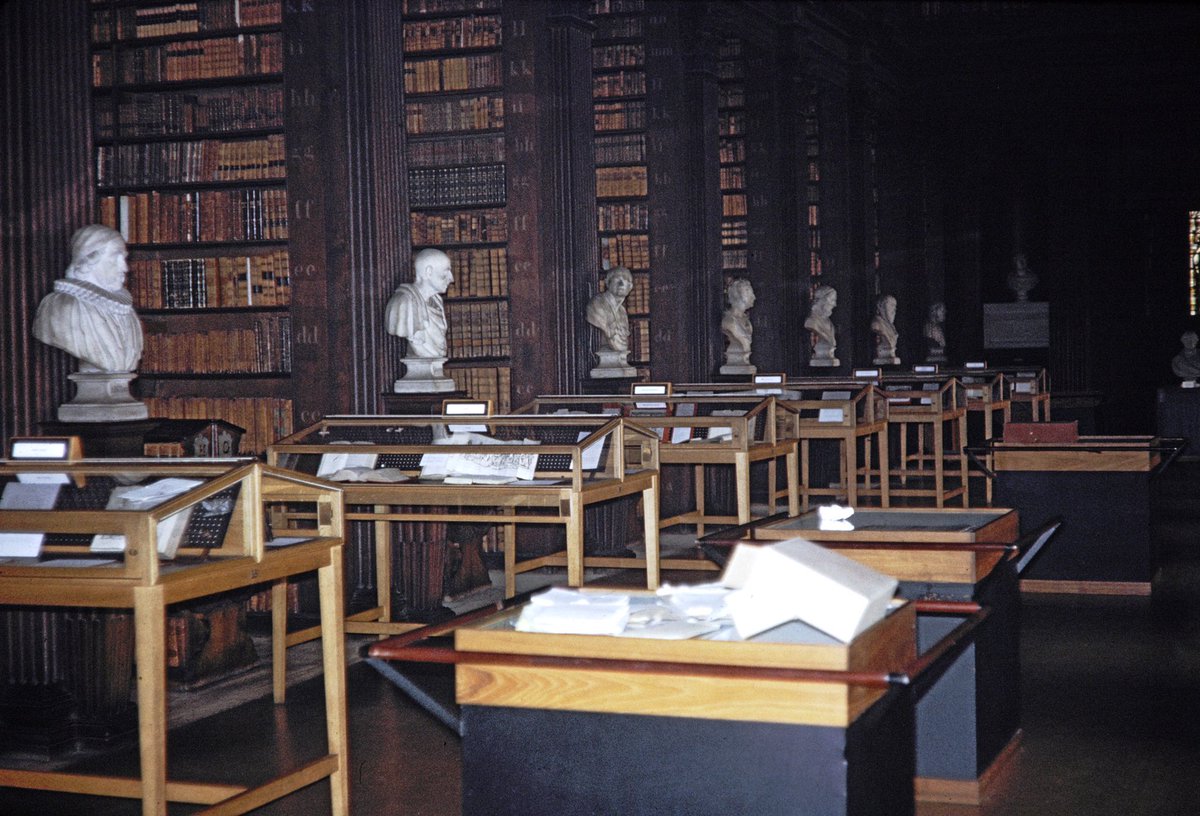 This shot is of Trinity College’s old library by Forman & is undated. I think it’s late 1960s & shows that, even then, the librarians were committed to exhibitions.