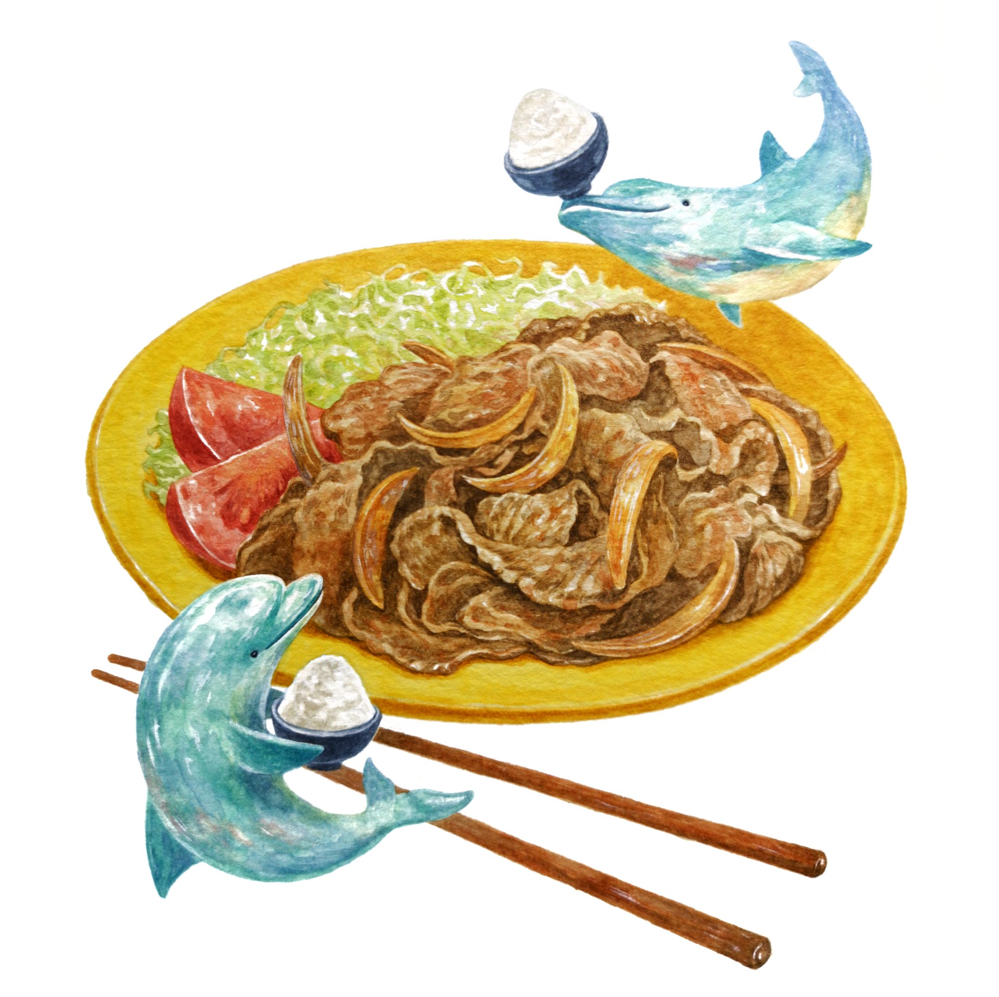 Hirotoshi Kanou 大盛ご飯準備ok しょうが焼きと 腹ぺこイルカ たっぷりの生姜と炒めた 豚肉と玉ねぎ 大盛のご飯と一緒に召し上がれ しょうが焼き イルカの絵 動物イラスト 食べ物イラスト Animalillustration Foodillustration T