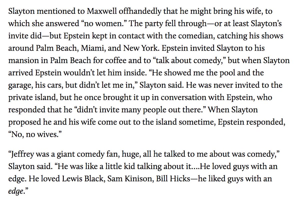 8/ Bobby Slayton, a comic who calls himself “the pitbull of comedy” told  @LelandNally that Epstein was a “giant comedy fan” who liked “anything controversial or politically incorrect”: