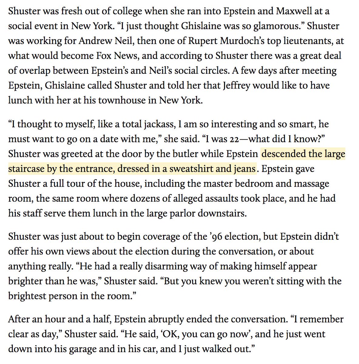 9/ Suzy Shuster, an Emmy-winning sportscaster currently at the NFL Network, detailed an uncomfortable encounter with Epstein from decades ago: