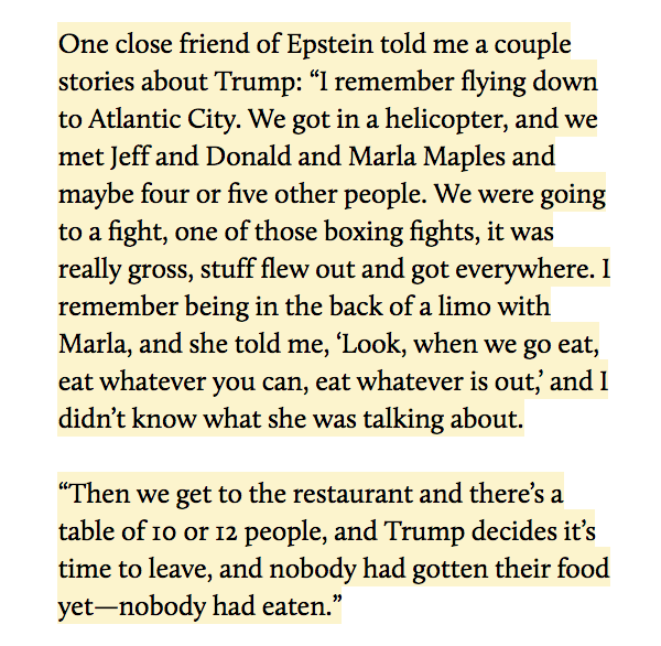 12/ One close friend of Epstein told  @LelandNally a very weird story about Donald Trump: Apparently, he has a tendency to abruptly leave restaurants before eating (?!)