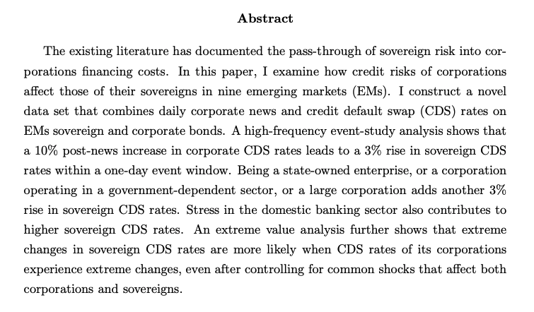 Di WangJMP: "Corporate-to-Sovereign Credit Risk Spillovers: Evidence from Emerging Markets"Website:  http://econweb.umd.edu/~wangd/ 
