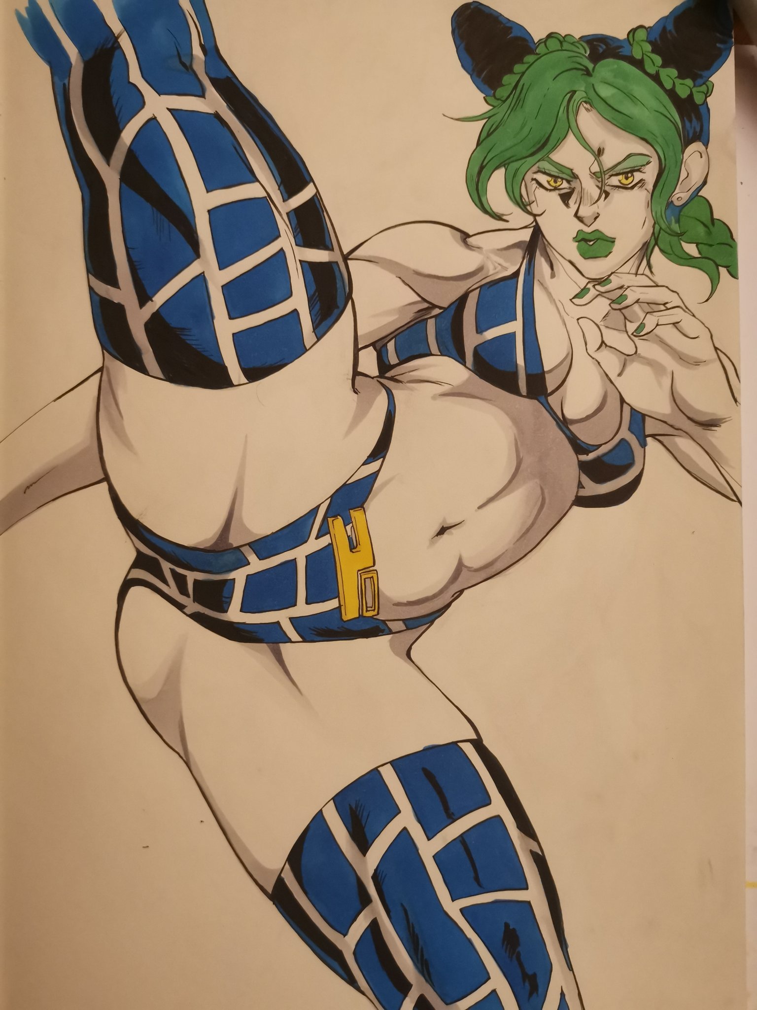 Jolyne flexing legs. 