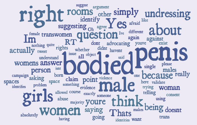 see in this image then is that this particular troll says "male-bodied" and "penis" more than literally any other word. Like don't even focus on how huge those are, look at how tiny super common words like "don't" and "I've" are relative to those. And of course the barely visible