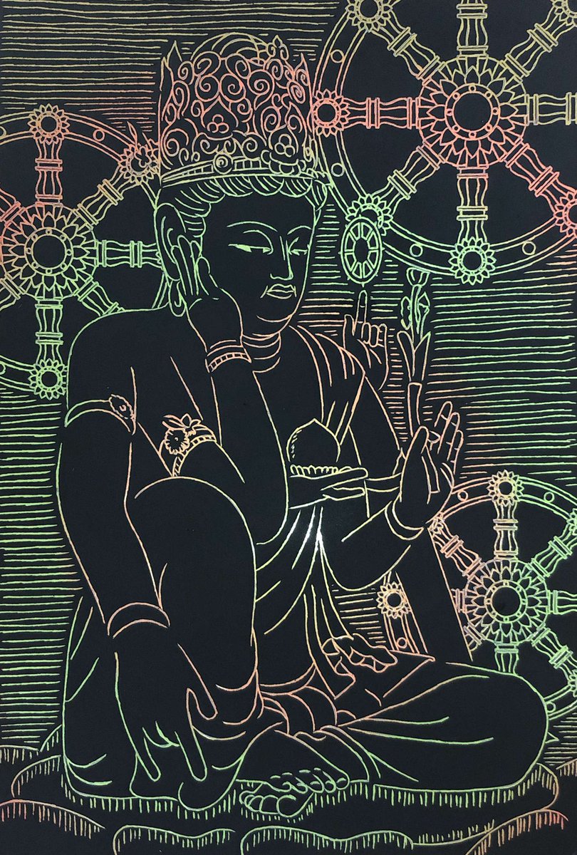 ふじもと けいこ123 通算66枚目 Daiso仏像4枚目スクラッチアート 面削りしたくない状態だったので 細くても線削りのみでサクサク終了 アレンジも縦横の線のみでやりました スクラッチアート Daiso ダイソー 仏像