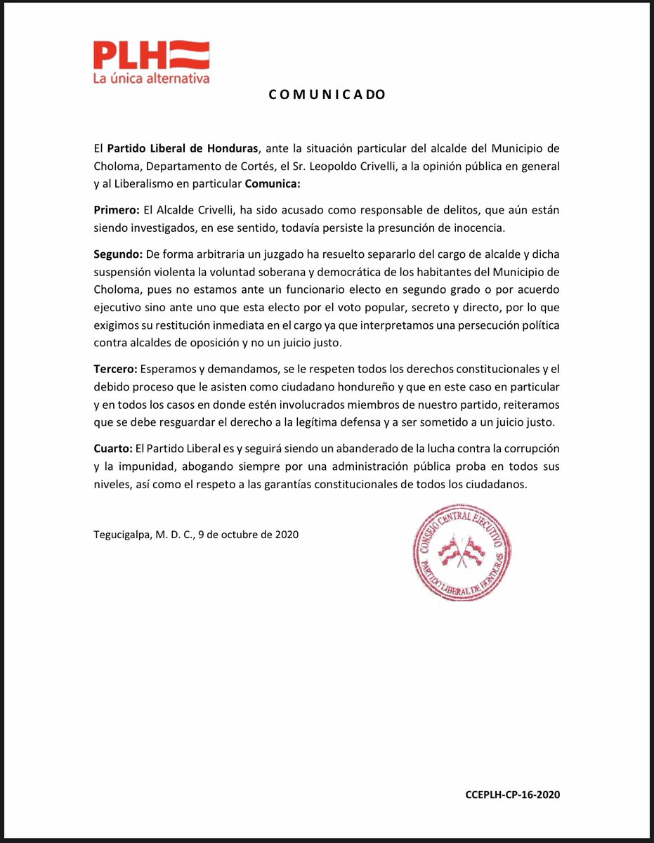 Comunicado oficial del #PLH con relación a la particular situación del alcalde del municipio de Choloma, departamento de Cortés; Leopoldo Crivelli.