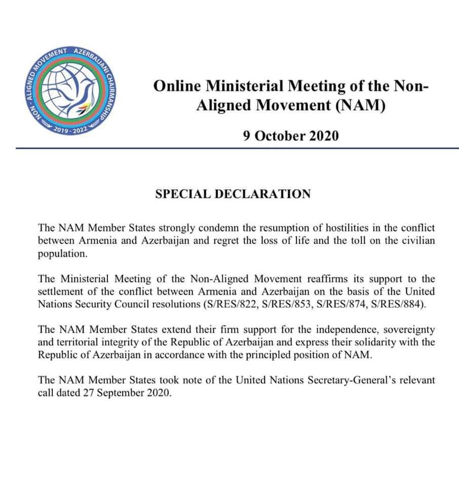 Bu gün Non-Aligned Movement bəyanat açıqladı və bizim ərazi bütünlüyümüzü dəstəklədi! #NonalignedMovement #KarabakhisAzerbaijan