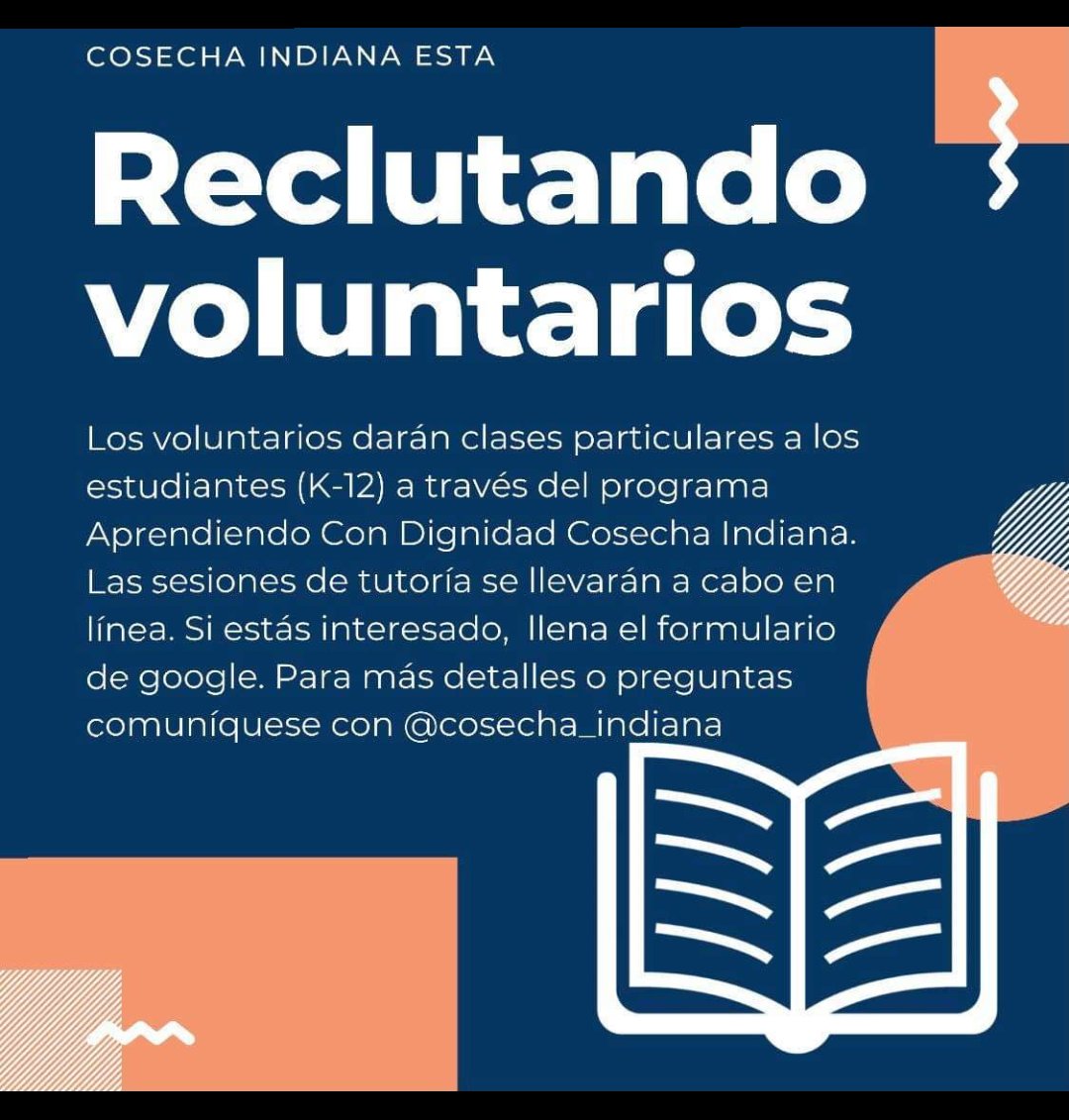CosechaIndiana's tweet photo. (2/2) tutors, so we are asking you to help us fill the gap where schools and governments have failed. So if you would like makes an impact on the community level, fill out the form on the link below! https://t.co/AwLGAiTxaW

#aprendiendocondignidad #learningwithdignity #community https://t.co/EzwLUxY9NN