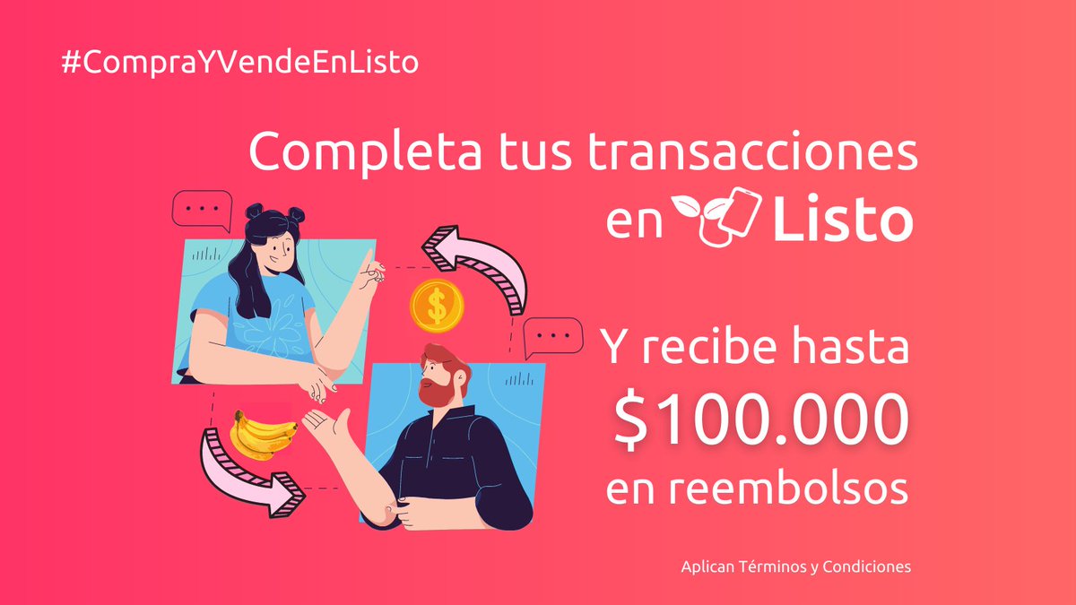 #CompraYVendeEnListo | ¡Completa tus transacciones en #Listo y recibirás hasta $100.000 en reembolsos! 🤑
Compra o vende y paga o recibe pagos a través de MercadoPago, así recibirás un reembolso por el valor de tu transacción.
Aplican TyCs 👉 soylisto.app