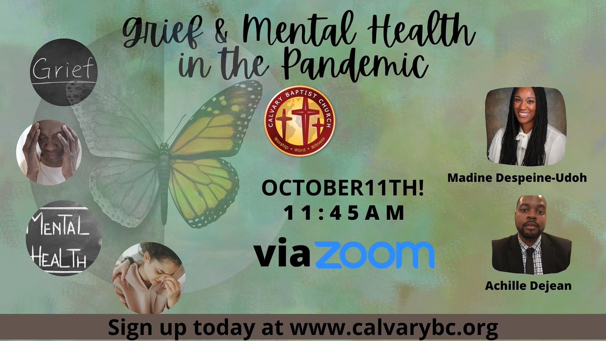 Join the #grief2hopeministry as they explore coping mechanisms in the Christian context in a "Grief and Mental Health in the Pandemic Workshop" Sunday, October 11  11:45am w/ Madine Despeine-Udoh and Achîlle Dejean  #ministry #grief #mentalhealth #mentalhealthmatters