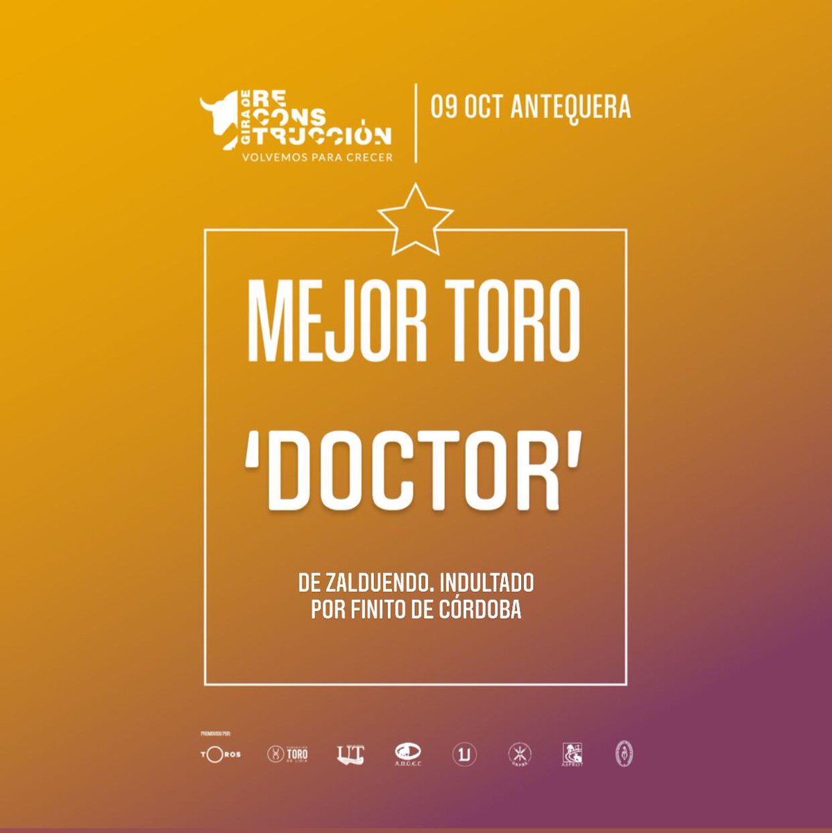 portaltaurino's tweet photo. Premiados de la segunda corrida de la Gira de Reconstrucción en Antequera: Mejor toro "Doctor" de @GZalduendo, Mejor par de banderillas "Lipi", Mejor puyazo Alberto Sandoval, Mejor brega Álvaro Oliver @portaltaurino https://t.co/YcZ16tj2DF