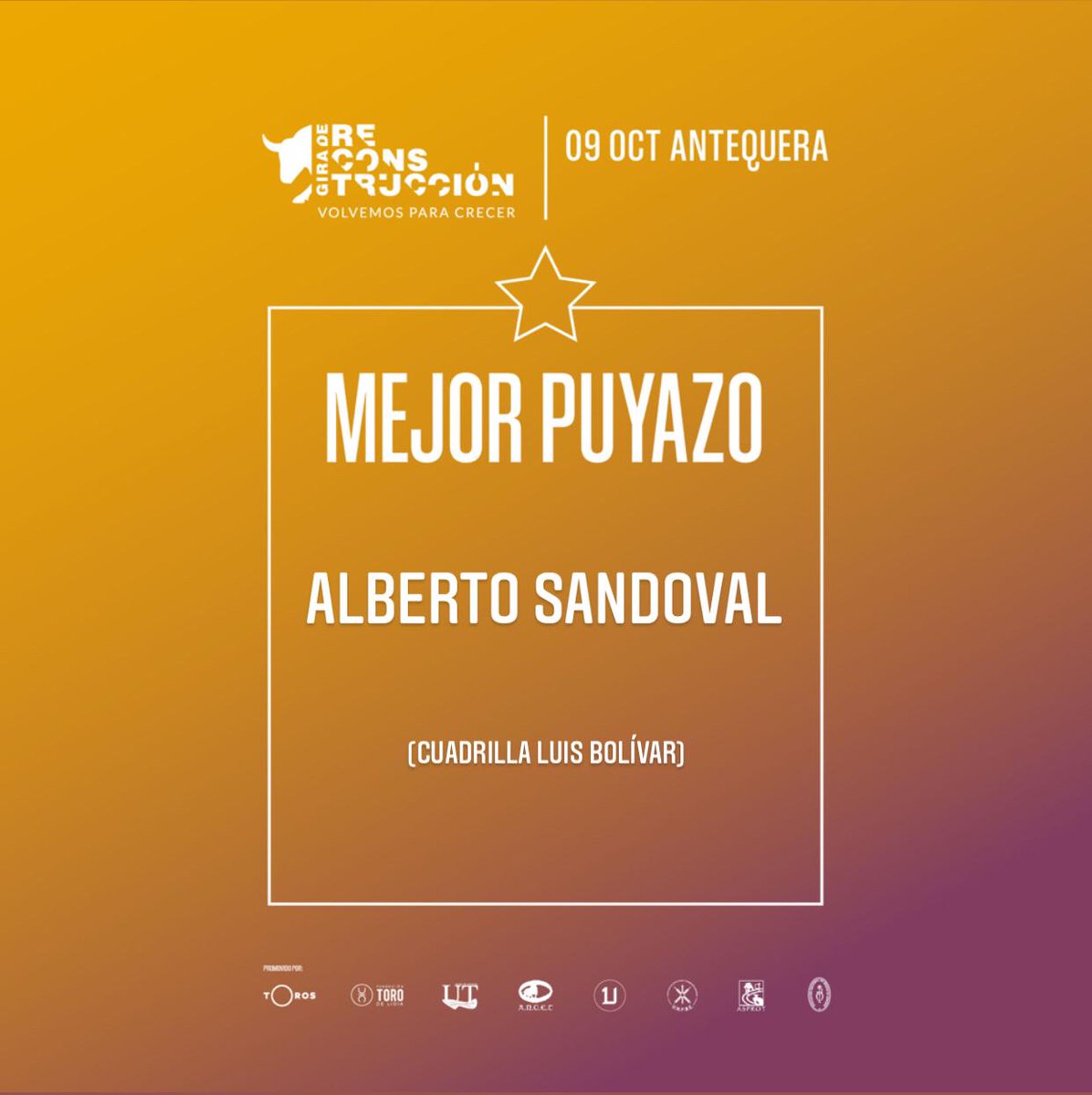 portaltaurino's tweet photo. Premiados de la segunda corrida de la Gira de Reconstrucción en Antequera: Mejor toro "Doctor" de @GZalduendo, Mejor par de banderillas "Lipi", Mejor puyazo Alberto Sandoval, Mejor brega Álvaro Oliver @portaltaurino https://t.co/YcZ16tj2DF