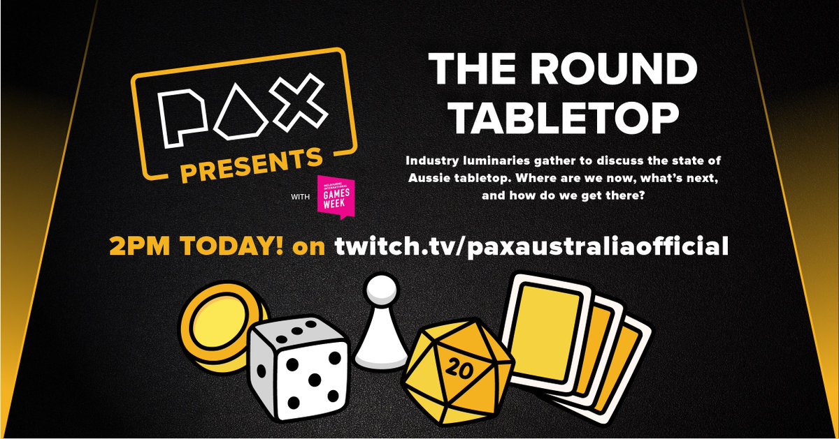 PAX Presents with <a href="/GamesWeekMelbs/">Melbourne International Games Week</a> - The Round Tabletop - Tune in - twitch.tv/paxaustraliaof… 2PM TODAY!

Industry luminaries gather to discuss the state of Aussie tabletop. Where are we now, what’s next, and how do we get there? 
#MIGW20 #PAXAUS