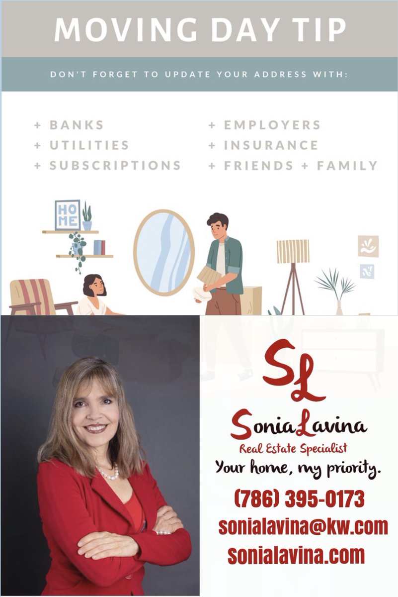 sonia_lavina's tweet image. When moving, clients should take into consideration, many factors that could be easily forgotten. Among those, is the simple one of updating your new address with Banks 🏦,utilities. Call me at (786)395-0173, sonialavina@kw.com,  #moving #movingnow #newhomes