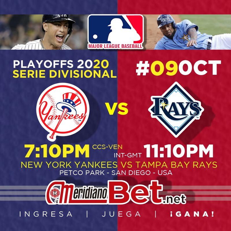 Meridianoonline's tweet photo. Apuesta con cada jugada de la #MLB #playoffss #seriedivisional
New York Yankees -164
Tampa Bay Rays +133
#meridianobet #beisbol #LasMayores https://t.co/B6WAmgCVuf