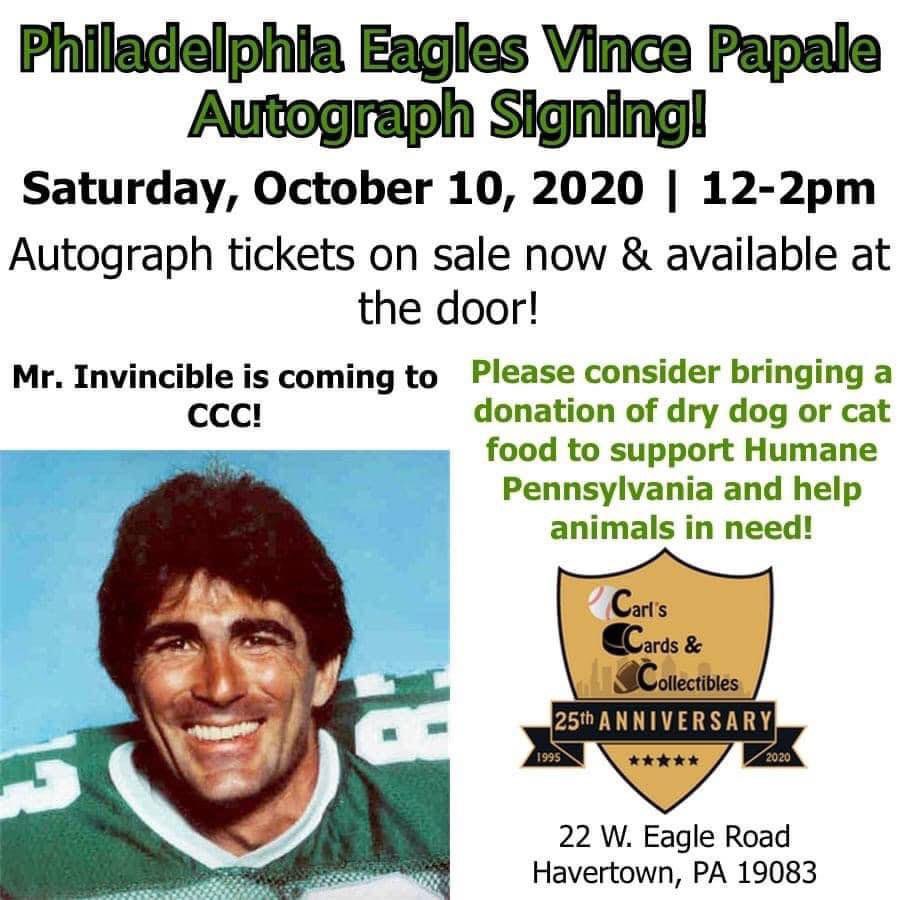 carlscards's tweet photo. 🏈 @83Invincible comes to Carl’s Cards tomorrow 10/10 from 12-2pm! #football #Eagles #signingsaturday #vincepapale #mrinvincible https://t.co/tlZkDHT6tS
