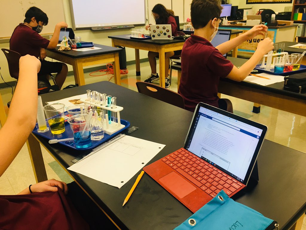 DRod1094's tweet photo. Bobcats’ first day back in the classroom with individual lab lessons. Let’s do this!   #stayingsafe #middleschoolscience @RKBBHK8 @MiamiAdmn https://t.co/RkrRh15K2d