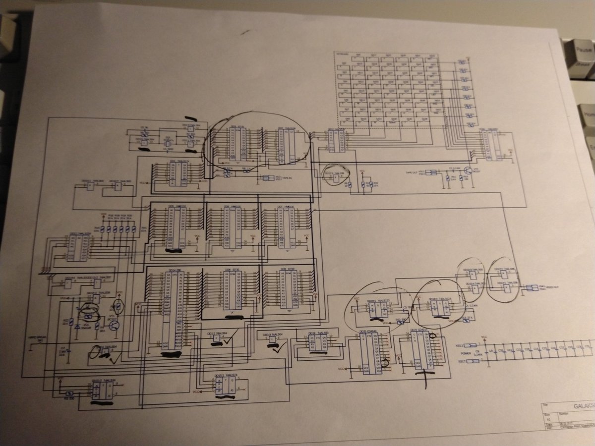 About the schematics -- I'm using the original one published in January 1984 Računari, and I'm trying to rely on primary sources as much as I can. However, it's not the most readable thing, so I've been also referencing Fifan's schematic published at  http://www.spetsialist-mx.ru/Galaksija/schemes/Galaksija.pdf